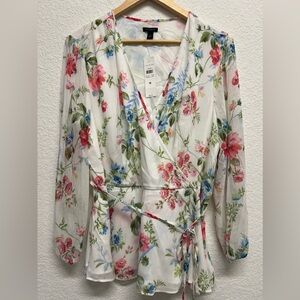 Ann Taylor Floral Faux Wrap Babydoll Blouse Chiffon size 16